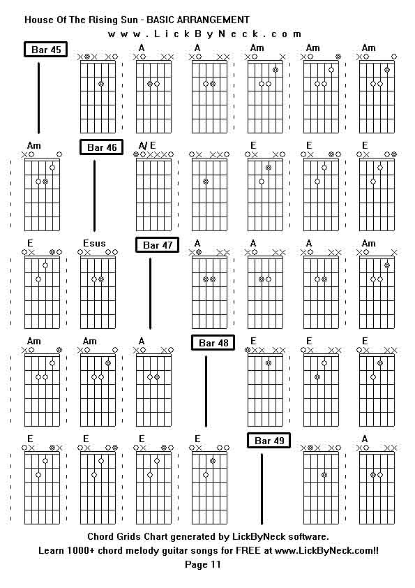 Chord Grids Chart of chord melody fingerstyle guitar song-House Of The Rising Sun - BASIC ARRANGEMENT,generated by LickByNeck software.